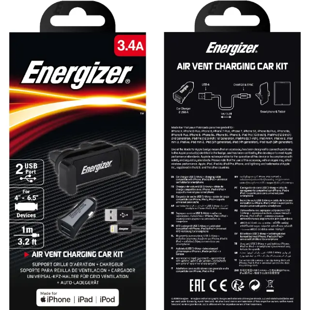 Βάση Στήριξης και Φορτιστής Αυτοκινήτου Energizer 3.4A με Καλώδιο Lightning Apple Certified MFi Μαύρο 1m 2