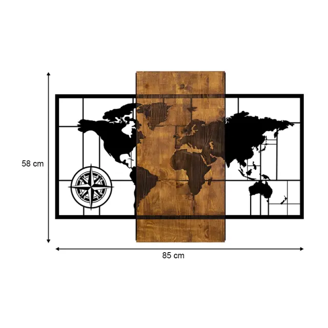 Διακοσμητικό τοίχου World Map Megapap ξύλινο - μεταλλικό χρώμα καρυδί - μαύρο 85x3x58εκ. 2