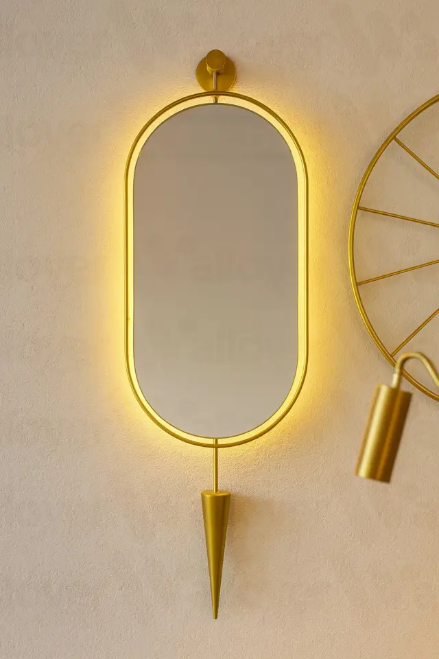Stewehome Διακοσμητικός οβάλ καθρέφτης τοίχου με LED και μεταλλικό πλαίσιο Κίτρινο 30x80 cm 3