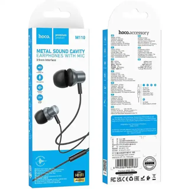 Hands Free Hoco M110 Encourage Universal Earphones Hi-Fi Stereo Deep Sound 3.5mm Γκρι 1.2m 2