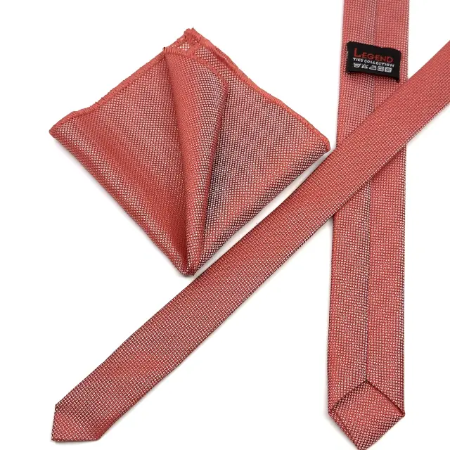 Κοραλί Oxford Γραβάτα Slim 4,5 cm Σετ με Μαντηλάκι 3