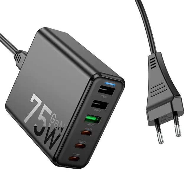 Hoco Βάση Φόρτισης με 3 Θύρες USB-A και 3 Θύρες USB-C 75W Power Delivery / Quick Charge 3.0 σε Μαύρο χρώμα (C133A)