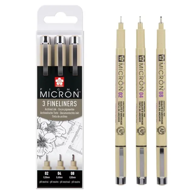 Σετ 3 Μαρκαδόροι Sakura Pigma Micron Black 02 04 08