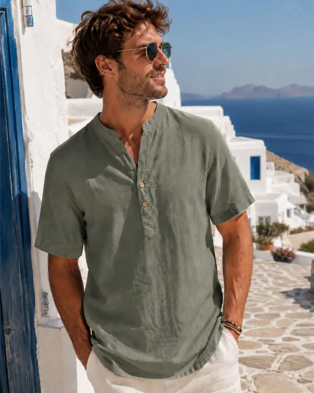 Λινή Πουκαμίσα Mao Noshame® Χακί - 382619 - 3XL