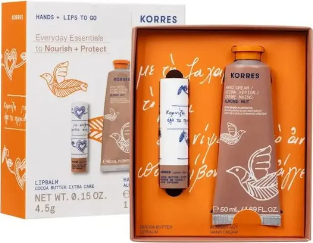 Korres Promo Hands & Lips to Go Σετ Καθημερινής Θρέψης & Ενυδάτωσης για Χέρια & Χείλη με Almond Nut Κρέμα Χεριών, 50ml & Balm Χειλιών με Βούτυρο Κακάο, 4.5g, 1σετ 2