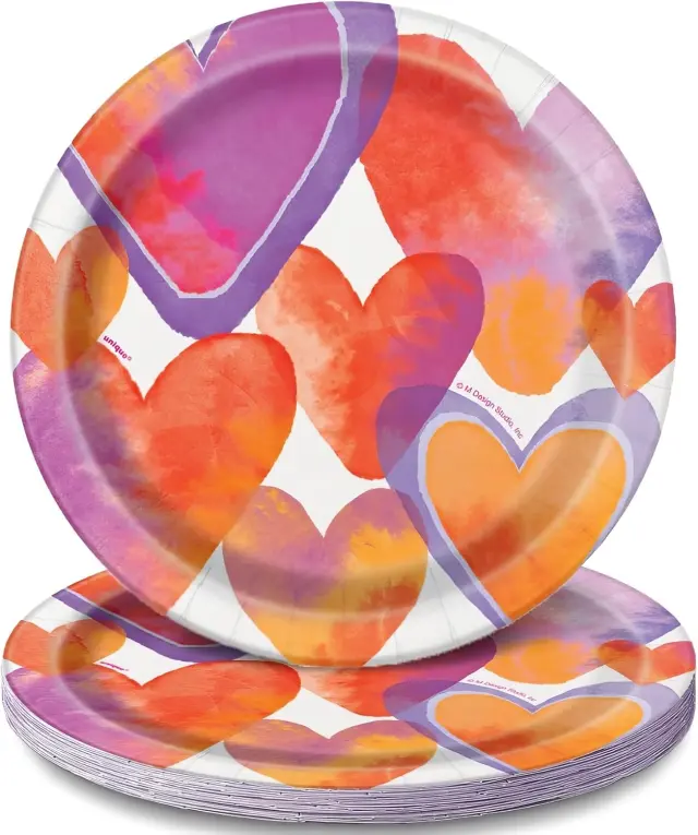 Πιάτα Χάρτινα Γλυκού με Καρδιές Watercolor Hearts / 8 τμχ