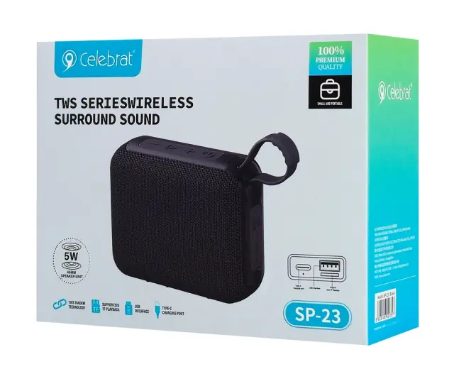 CELEBRAT φορητό ηχείο SP-23, 5W, Bluetooth, 1200mAh, μαύρο (Bluetooth, micro SD ,USB flash drive)