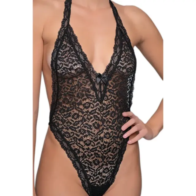 Milena Γυναικείο Δαντελένιο Κορμάκι Halter με Βαθύ V & Διαφάνεια, Χρώμα Μαύρο