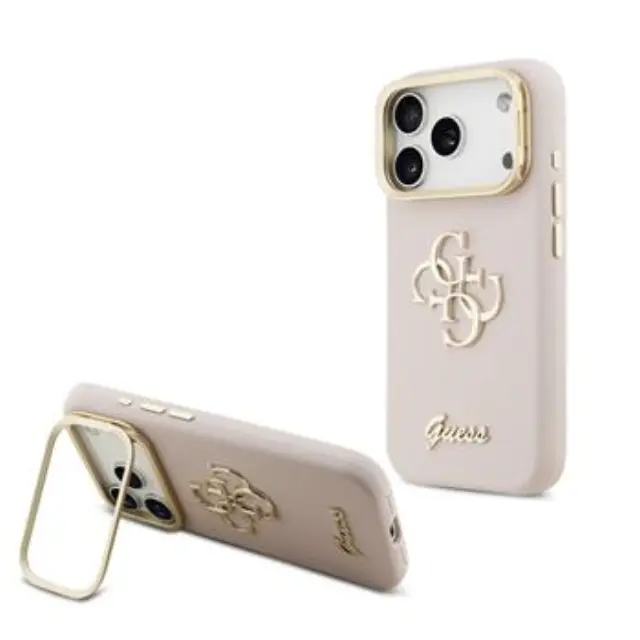 Guess PU Grained 4G Logo Stand Camera Frame Case for iPhone 17 Pro Pink