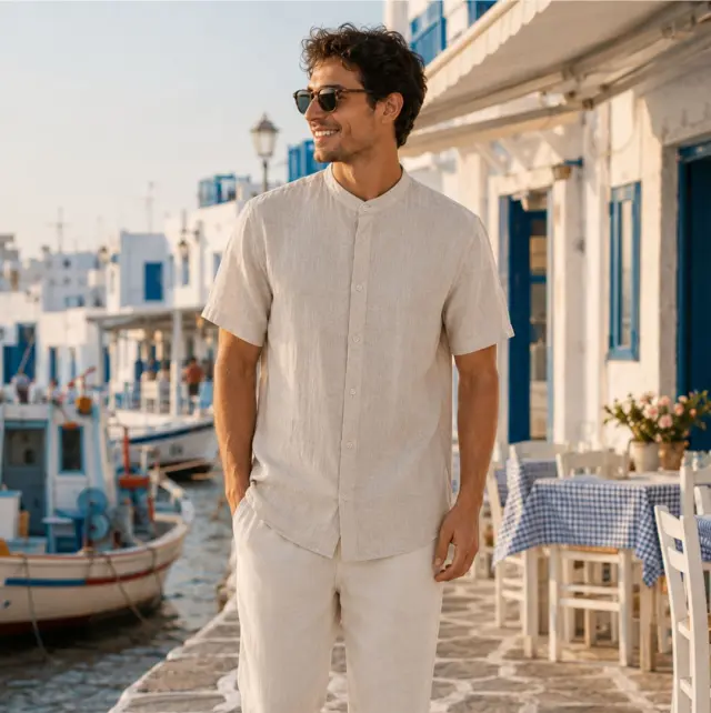 Λινό Πουκάμισο Mao Noshame® Μπεζ - 382616 - 3XL