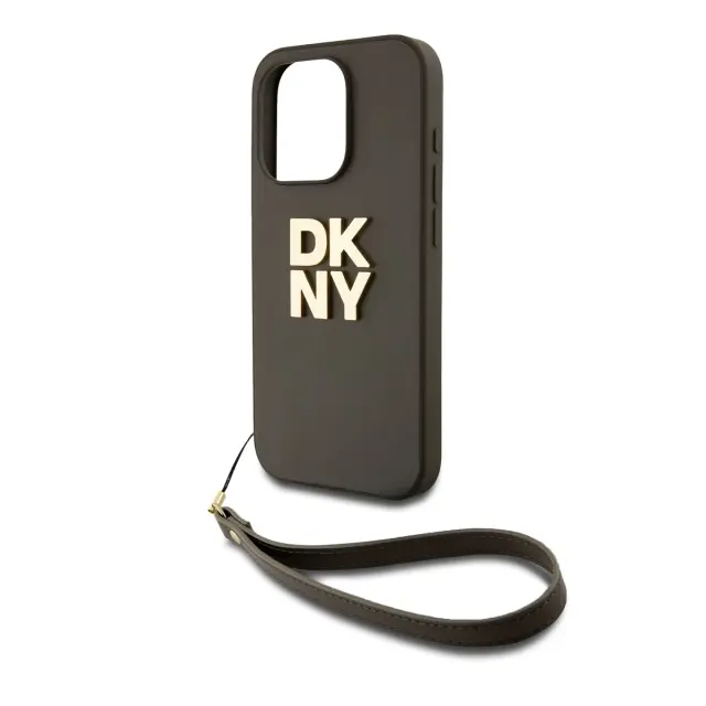DKNY PU Leather Stack Logo Wrist Strap Case for iPhone 14 Pro Brown 3