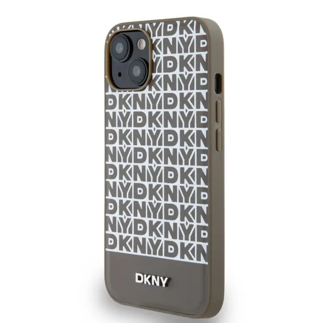 DKNY PU Leather Repeat Pattern Bottom Stripe MagSafe Case for iPhone 15 Brown 3