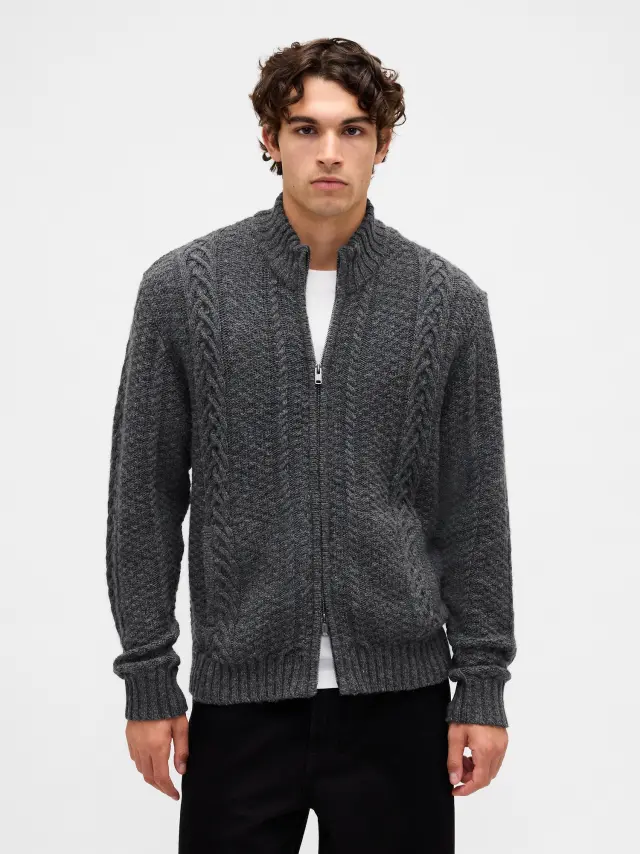 Μάλλινη μίξη Cable-Knit Zip Ζακέτα Πλεκτή dark heather grey