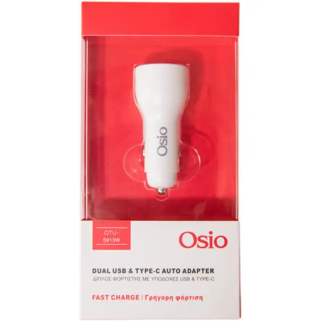 Διπλός Φορτιστής Αυτοκινήτου Fast Charge Με USB Type-C Και USB Type-A 36W OSIO OTU-5913W 2