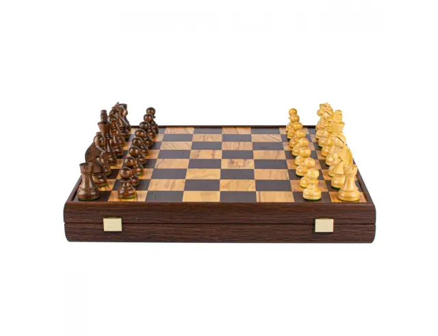Σετ Χειροποίητο Σκάκι Wooden Chess Manopoulos από Ξύλο, με πιόνια Staunton, θήκη αποθήκευσης και διαστάσεις 43x43cm - Olive BurlSKW43B50H