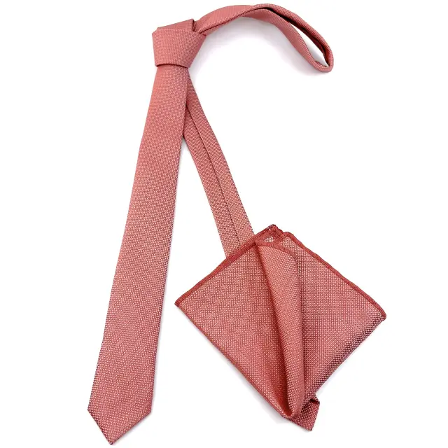 Κοραλί Oxford Γραβάτα Slim 4,5 cm Σετ με Μαντηλάκι 2