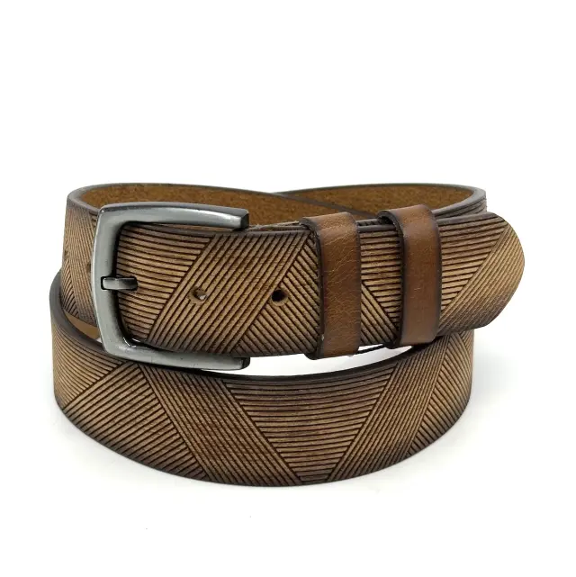 Camel Δερμάτινη Ζώνη Full Grain με Ανάγλυφο Ψαροκόκαλο 4 cm 3