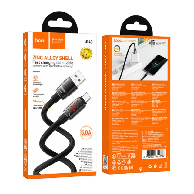 Καλώδιο Hoco U143 Joy USB-A σε USB-C Fast Charging 5A με Zinc Alloy Κονέκτορες RGB Φωτισμό και Ενισχυμένο PVC Anti-bend Καλώδιο Μαύρο 1.2m 2