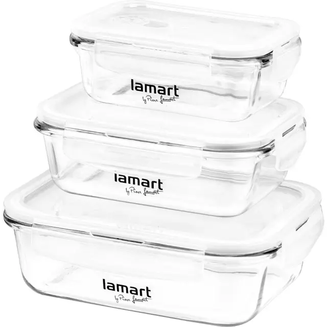 Σετ 3 Γυάλινα Δοχεία Φαγητού Lamart LT6011 (370 ml, 640 ml, 1040 ml) Κατάλληλα για Ψυγείο, Κατάψυξη, Φούρνο Μικροκυμάτων