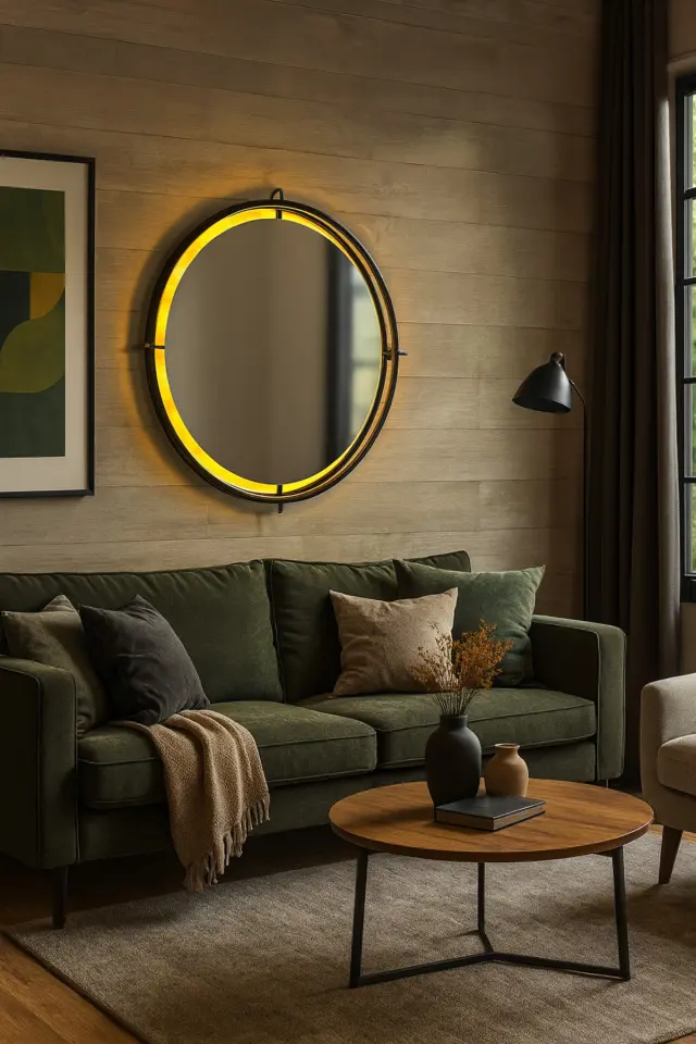 Stewehome Διακοσμητικός οβάλ καθρέφτης τοίχου με LED φωτισμό και μεταλλικό πλαίσιο Μαύρο 55x55 cm 3