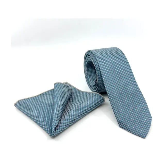 Πετρόλ–Μπλε Γραβάτα Μικρό Καρό Microfiber Σετ με Μαντήλι 6,5 cm
