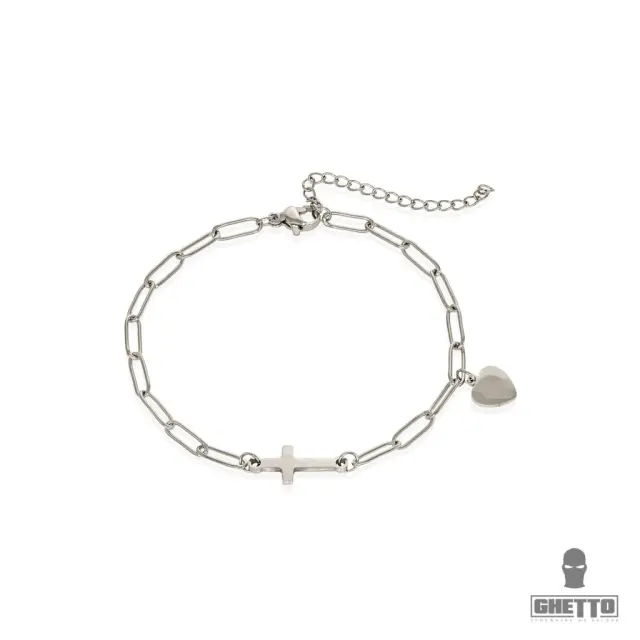 Ghetto Cross Heart Bracelet Stainless Steel Silver