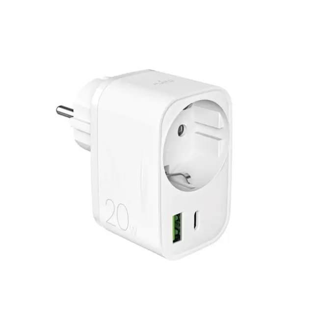 Puro Power Delivery Charger with Schuko Plug and Socket 20W 1x USB-C / 1x USB-A White