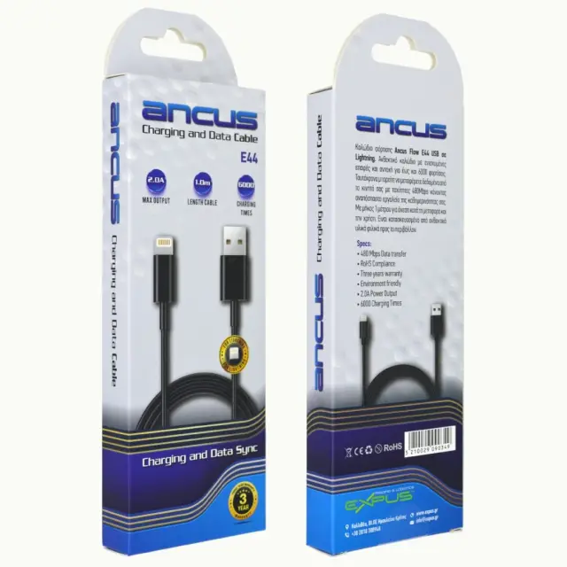 Καλώδιο Σύνδεσης και Φόρτισης Ancus Flow E44 USB σε Lightning 2.0A Data Transfer 480Mbp Μαύρο 1m