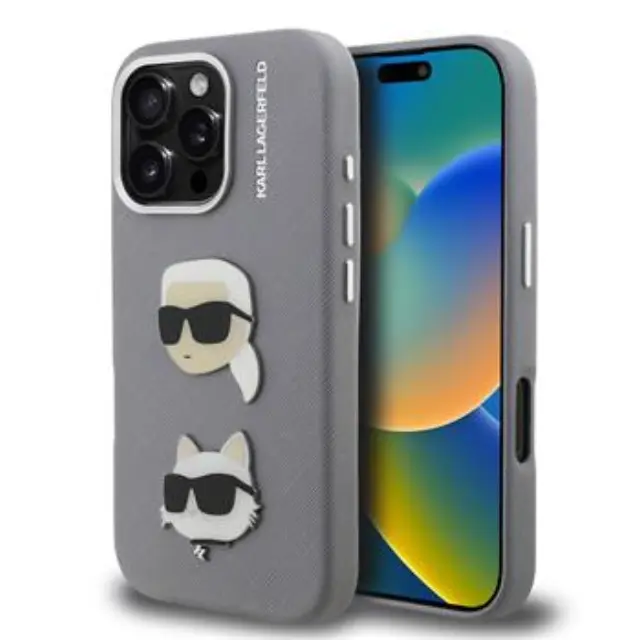 Karl Lagerfeld Grained PU K&CH Heads Case for iPhone 16 Pro Grey