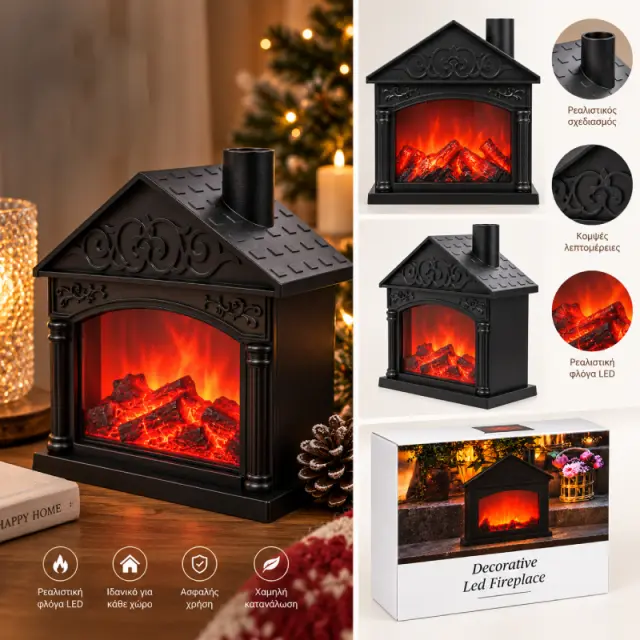Διακοσμητικό Τζάκι LED με Εφέ Φλόγας Μαύρο - Black Decorative LED Fireplace with Flame Effect 094025 3