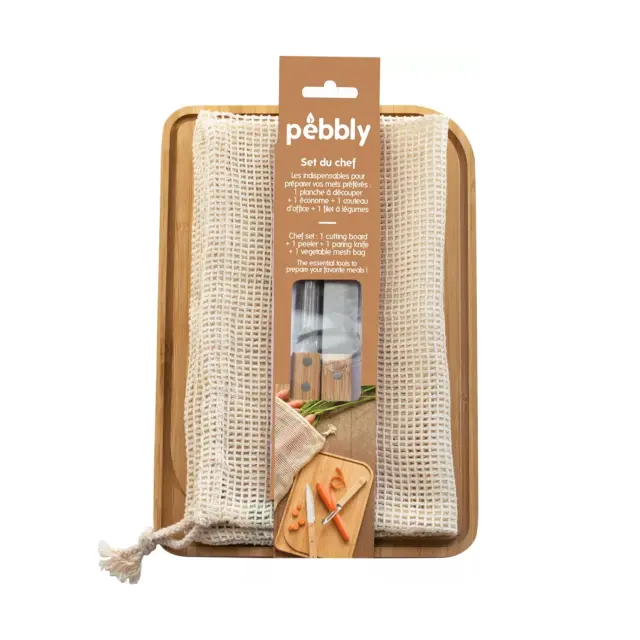 Pebbly Chef Set με Επιφάνεια Κοπής από Bamboo, Μαχαίρι, Αποφλοιωτή + Τσάντα