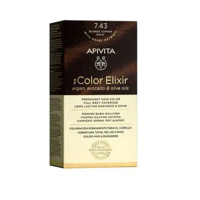 Apivita My Color Elixir Βαφή Μαλλιών Νο 7.43 Ξανθό Χάλκινο Μελί με Έλαια Άργκαν, Αβοκάντο & Ελιάς, 1τεμ