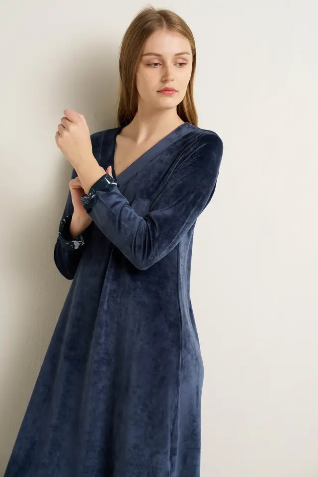 Vamp Βελουτέ Φόρεμα Σπιτιού Blue Indigo 3