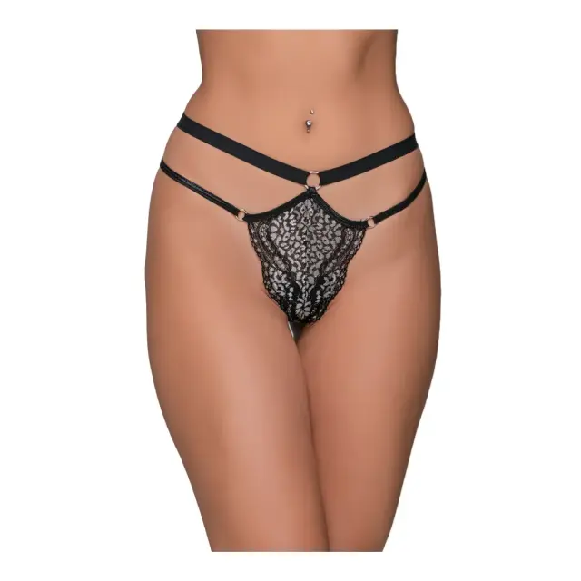 Milena Γυναικείo G-String Δαντέλα Διπλό Λάστιχο Μεταλλικούς Κρίκους, Χρώμα Μαύρο - L