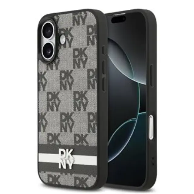 DKNY PU Leather Checkered Pattern and Stripe Case for iPhone 17 Black