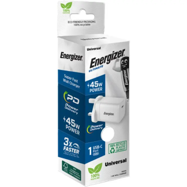Φορτιστής Ταξιδίου Energizer Fast Charge με USB-C PD45W Λευκός με UK Plug 2