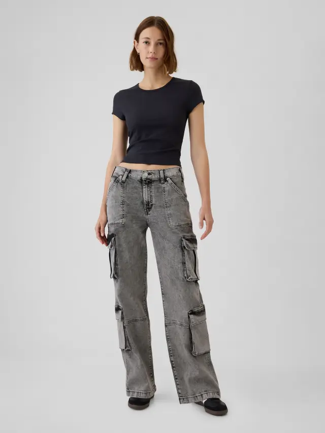 Μαύρο Mid Rise Double Cargo '90s Loose Τζιν Παντελόνι Acid black