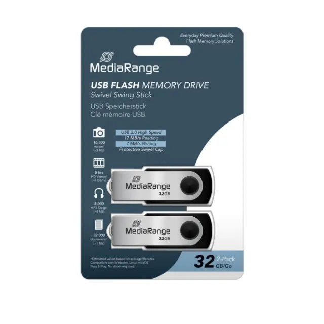 MediaRange USB flash drives, 32GB, Pack 2 (MR911-2) MR SSD & USB FLASH DRIVES & MEMORY CARDS