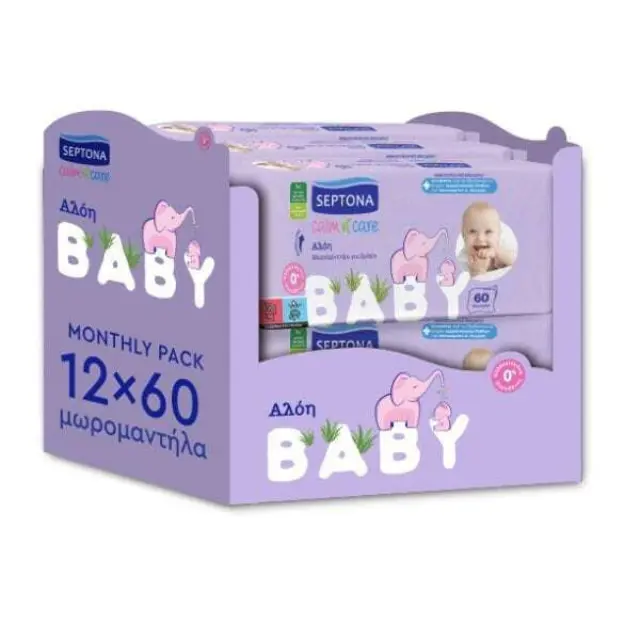 Septona Calm N' Care Μωρομάντηλα χωρίς Οινόπνευμα & Parabens με Aloe Vera 12x60τμχ