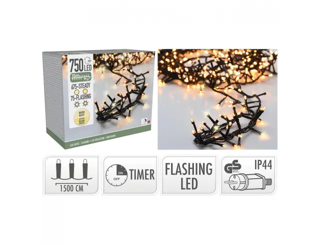 750 Φωτάκια LED - 15 Μέτρα + 3 Μέτρα σύνδεσης, Πυκνή Διάταξη, 10% Flash, Πράσινο καλώδιο -'Εξτρα θερμό λευκό AGL000910