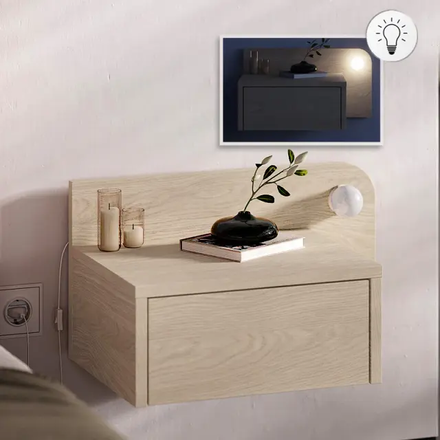 Κομοδίνο επιτοίχιο Dotta Megapap με LED χρώμα light oak 52x33,6x28εκ.