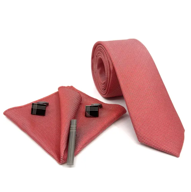 Κοραλί Coral Γραβάτα Oxford 6,5 cm με Ασορτί Μαντήλι