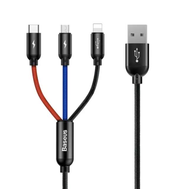 Baseus Three Primary Colors 3-in-1 Braided USB to Lightning / Type-C / micro USB Cable 3A Μαύρο 1.2m (CAMLT-BSY01) (BASCAMLT-BSY01)