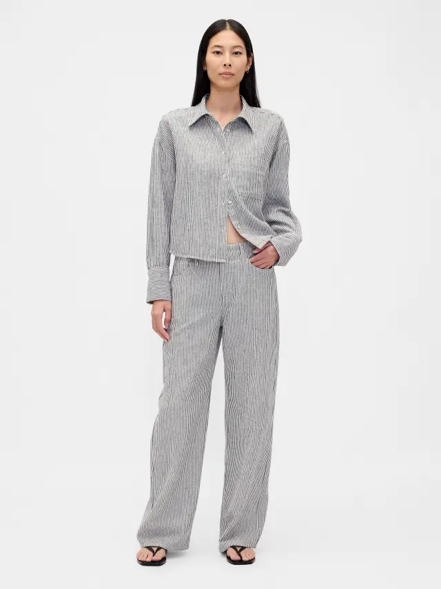 Linen-Cotton Wide-Leg Παντελόνι Off white stripe