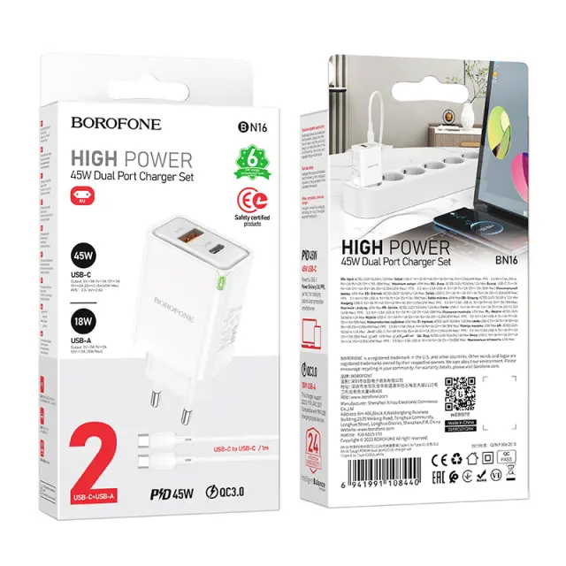 Hoco Φορτιστής με Θύρες USB-Α, USB-C Χωρίς Καλώδιο 45W Άσπρος BN16 3