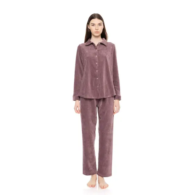 Γυναικεία πυτζάμα κουμπωτή Velvet Stripe Violete W1686 Pink Label - XL