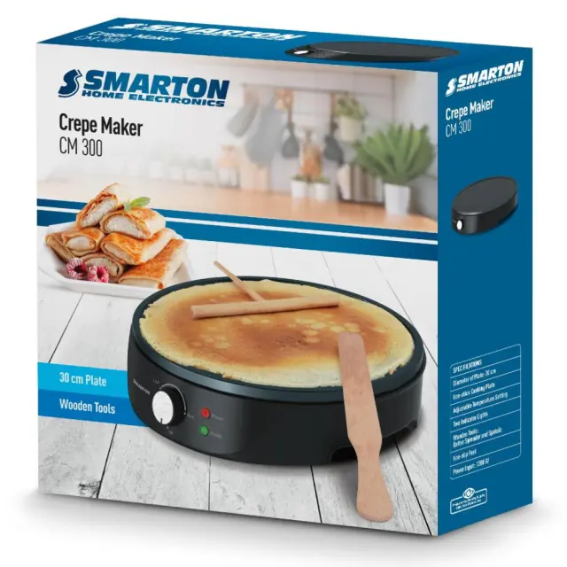 Κρεπιέρα Smarton CM 300 1200W με Ρυθμιζόμενη Θερμοκρασία Αντικολλητική Επιφάνεια 30cm και Ξύλινα Βοηθητικά Εργαλεία Μαύρη 2