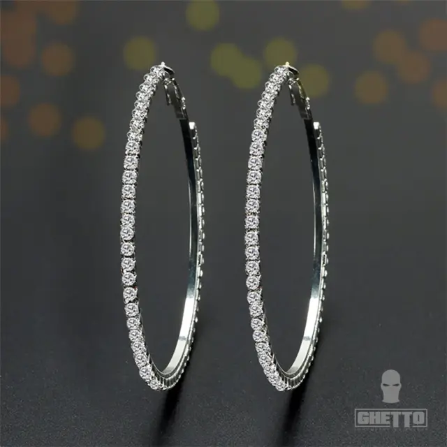 Ghetto Popular Thin Rhinestones Big Earrings Round Hoop 2