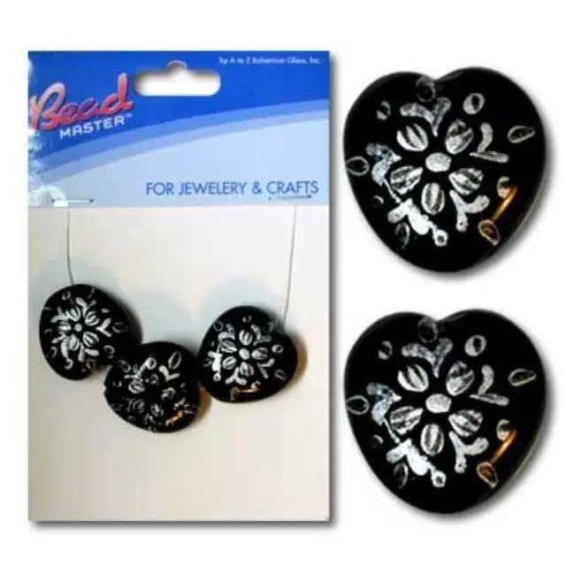 Χάντρα Γυάλινη Βαμμένη στο Χέρι - Black/Silver Heart 20mm - 3τεμ