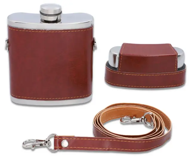 Flask Φλασκί Ποτού Δερματίνη Καφέ Κρεμαστό με 3 Σφηνοπότηρα - 240ml 2